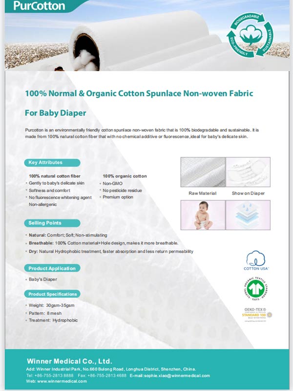 Spunlace 100% algodón para lámina superior de pañales para bebés