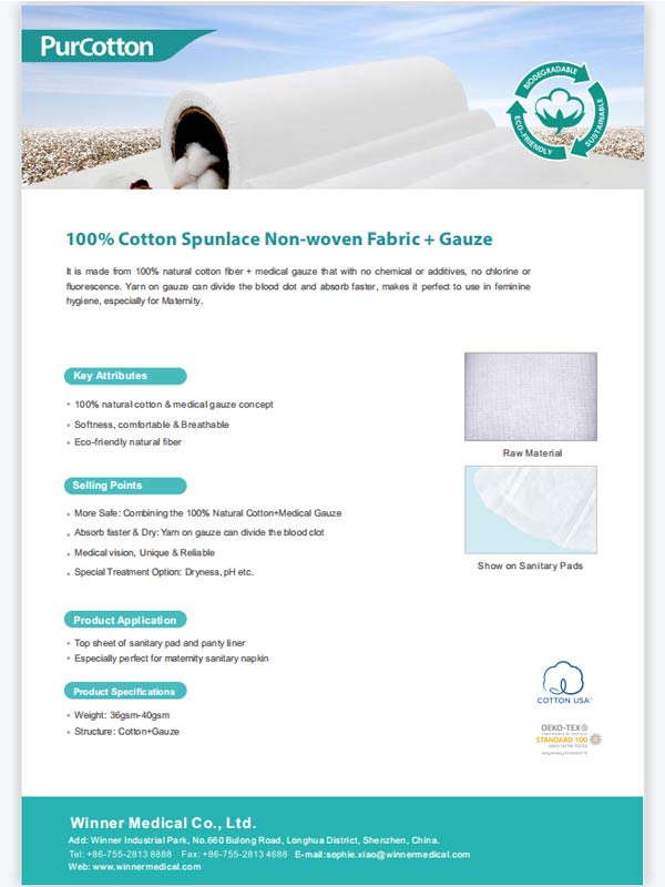 New-100% algodón Spunlace tela no tejida + gasa para compresa sanitaria